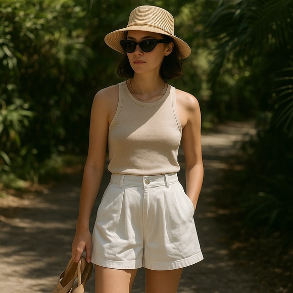 Vintage Runaway Bay High-Waisted White Cotton Shorts - Picture 1 of 10